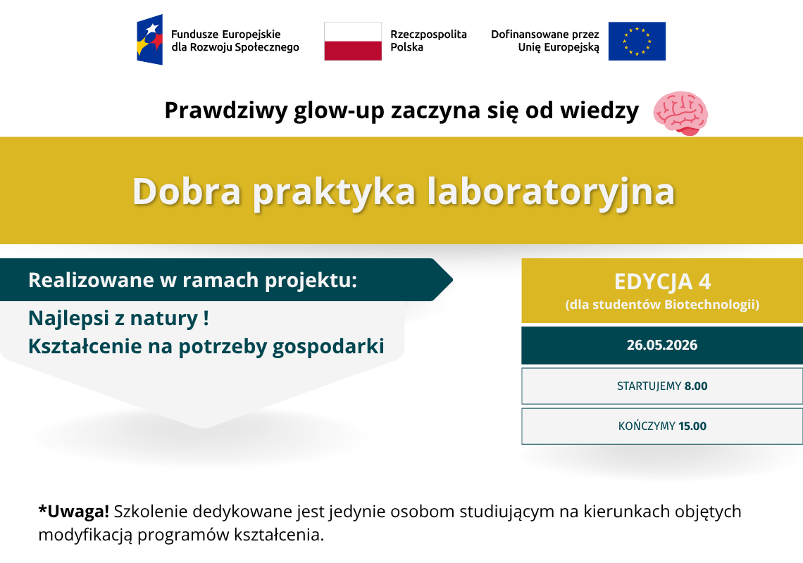 Dobra praktyka laboratoryjna, szkolenie dla kierunku Biotechnologia, Termin: 26.05.2026 od godziny 8.00 do godziny 15.00