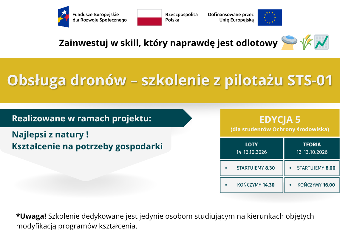 Obsługa dronów szkolenie z pilotażu dronów STS -01, edycja 5 dla studentów Ochrony środowiska. Termin od 12 do 16 października 2026 roku